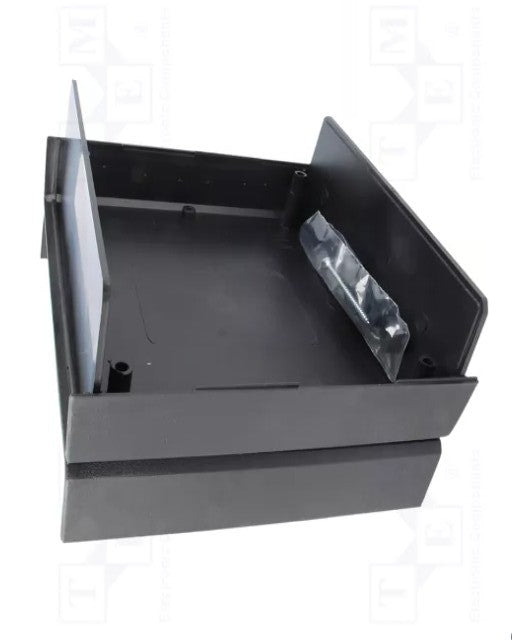 A black plastic drawer organizer tray with a sliding drawer front and a small clear plastic bag containing hardware, shown on a white background with faint watermarks.
