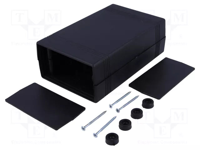 Black plastic rectangular enclosure or housing component shown with two flat black panels, four black circular grommets, and two silver screws on a white background.