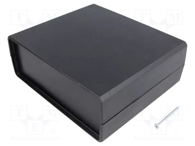 A black rectangular plastic storage box with a hinged lid, shown at an angle on a white background with a small silver screw nearby.